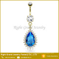 Surgical Steel Dangle Blue Teardrop Cubic Zirconia Gem Trim Belly Ring